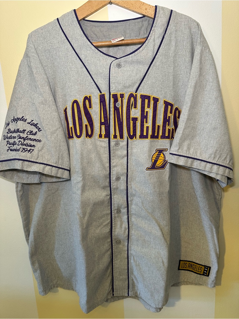 Los Angeles Lakers Grey Baseball Jersey with Purple & Gold Accents